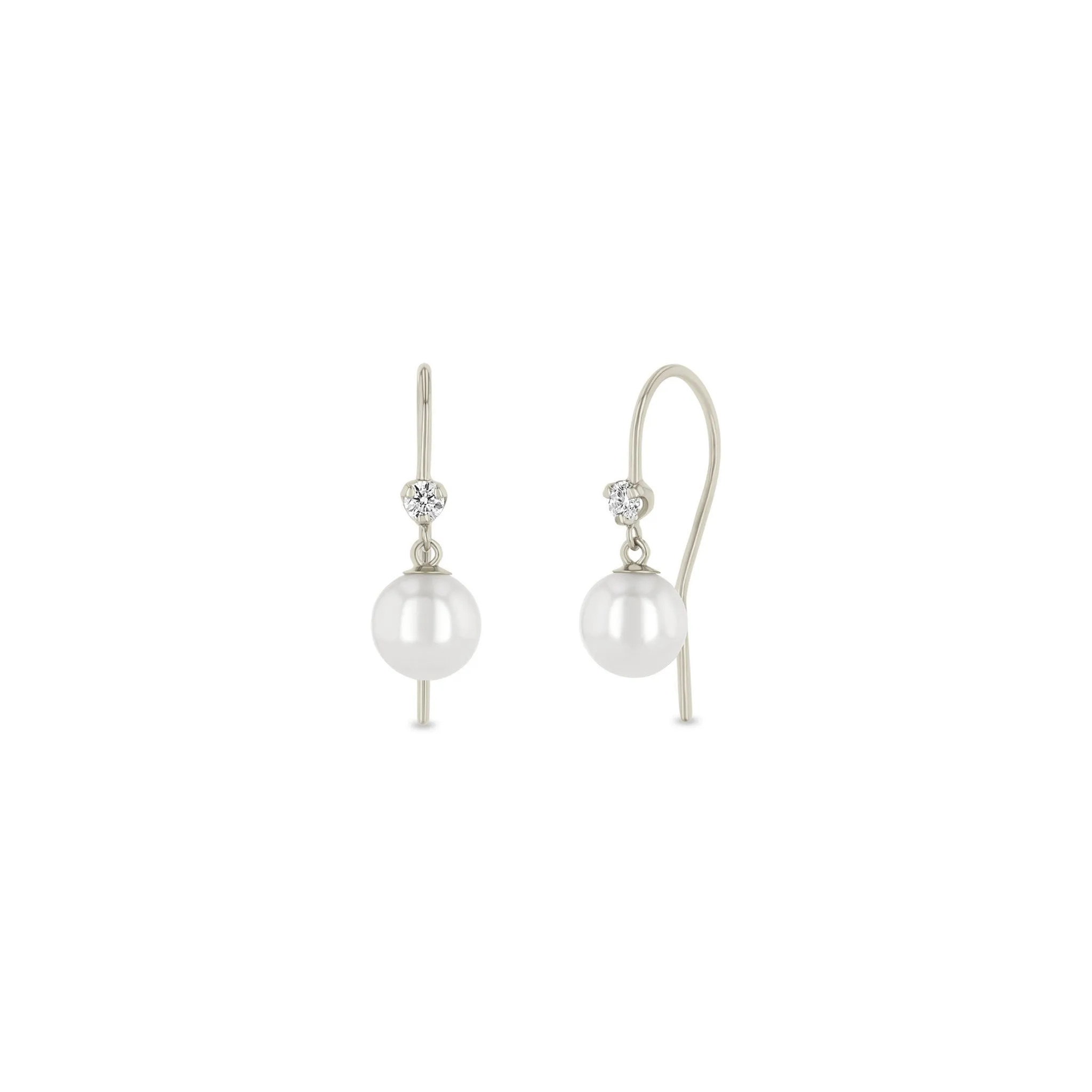 14k Prong Diamond & Dangling Pearl Hook Earrings