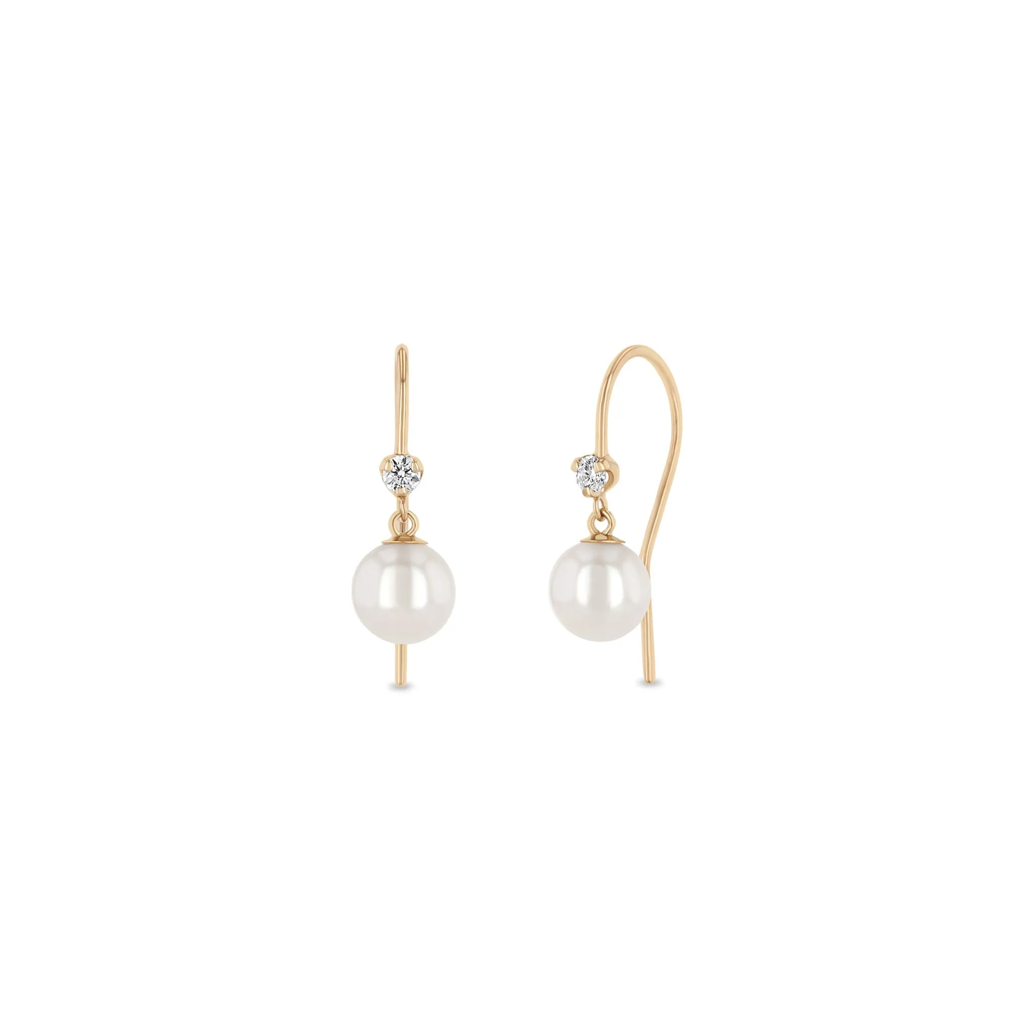 14k Prong Diamond & Dangling Pearl Hook Earrings