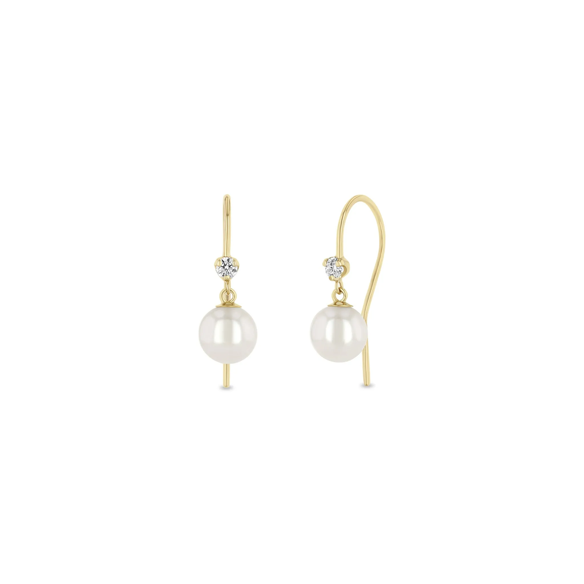 14k Prong Diamond & Dangling Pearl Hook Earrings