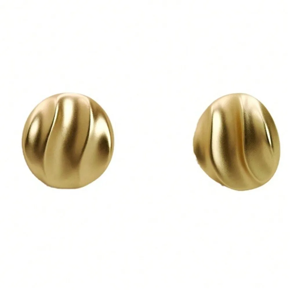 1pair Matte Gold Tone Wave Print Metal Vintage Style Button Round Stud Earrings SD