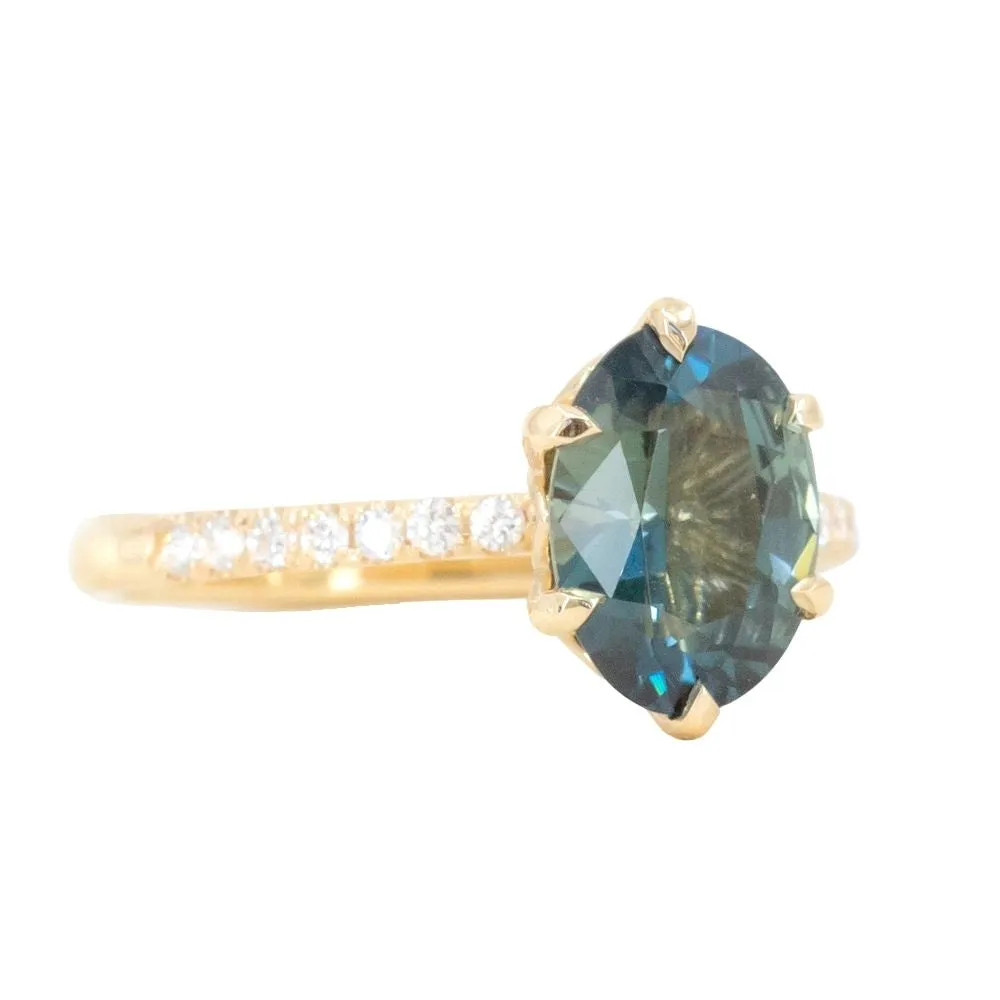 2.03ct Oval Parti Sapphire and Diamond Studded Lotus Six Prong Solitaire in 14k Yellow Gold