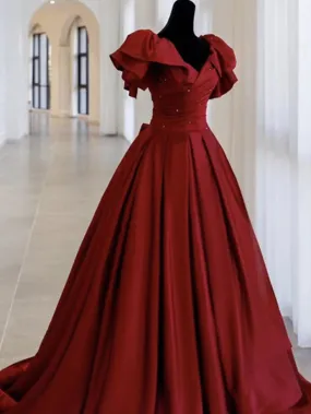 A line Burgundy satin long prom dress evening dress Y1183