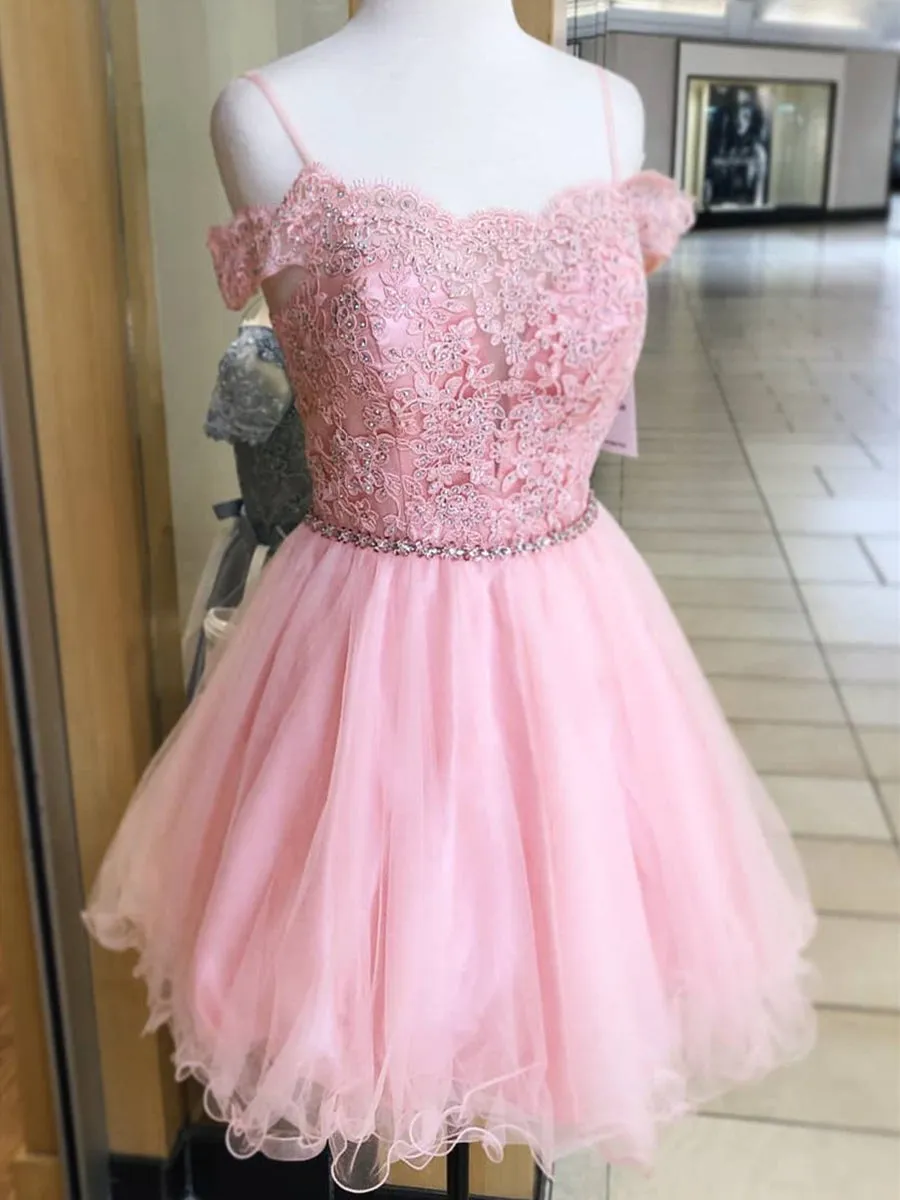 A Line Off Shoulder Lace Pink Short Prom Homecoming Dresses, Off Shoulder Pink Lace Formal Graduation Evening Dresses