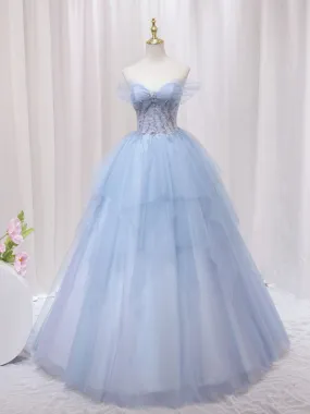 A-Line Sweetheart Neck Tulle Lace Blue Long Prom Dress, Blue Formal Evening Dress