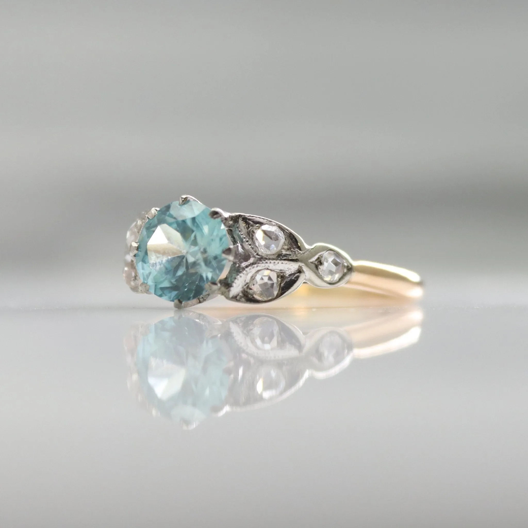 Art Deco Blue Zircon and Diamond Ring