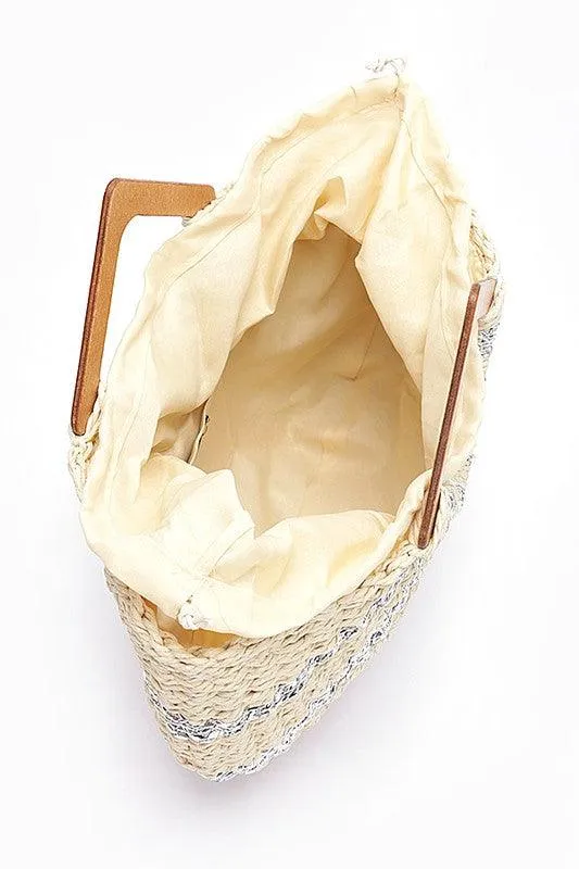 Beach Days Wooden Handle Metallic Straw Basket Tote