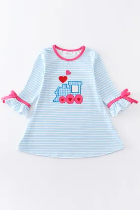 Blue heart train applique girl dress