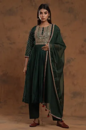 Bottle Green Chanderi Silk Kurta Pant Set With Embroidery