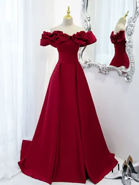 Burgundy A-Line Satin Long Prom Dress, Burgundy Formal Evening Dresses