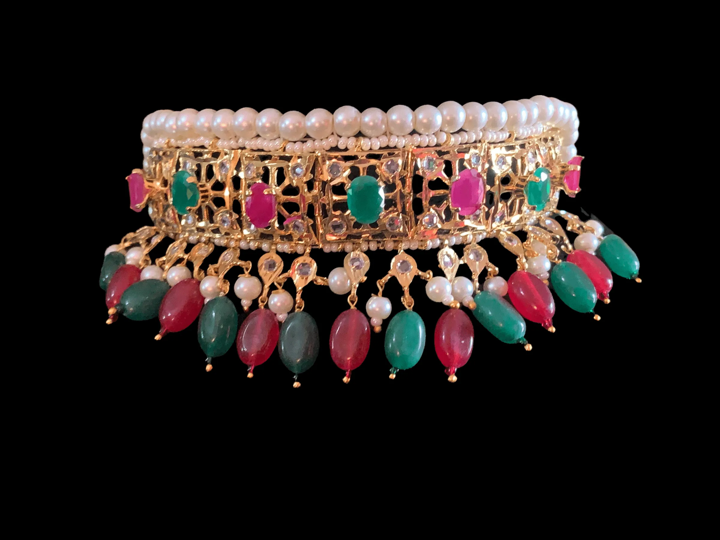 C28 Hyderabadi jadau small sized kids jadavi lacha choker in ruby emerald ( READY TO SHIP )