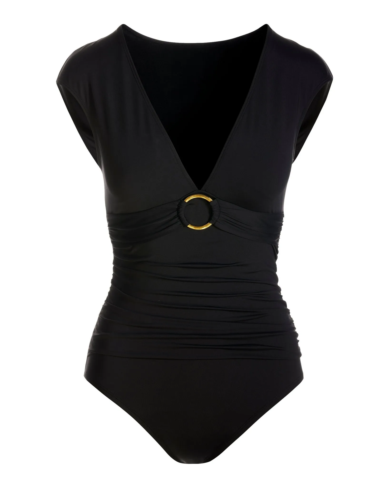 Cap-Sleeve Ring Detail One-Piece Swimsuit Black