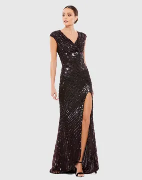 Cap Sleeve Sequined Evening Gown