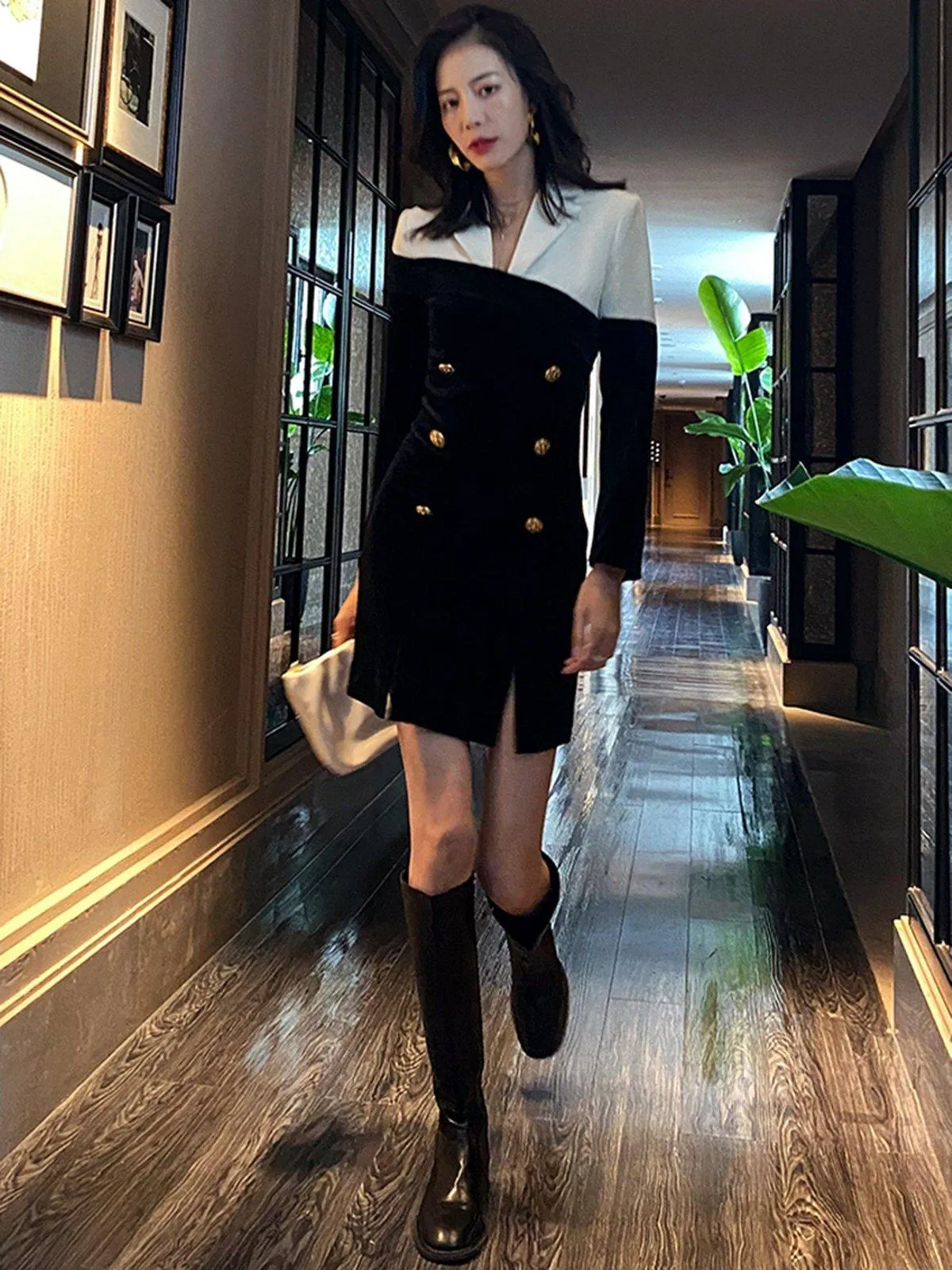 Colorblock Velvet Double Breasted Long Sleeve Blazer Dress