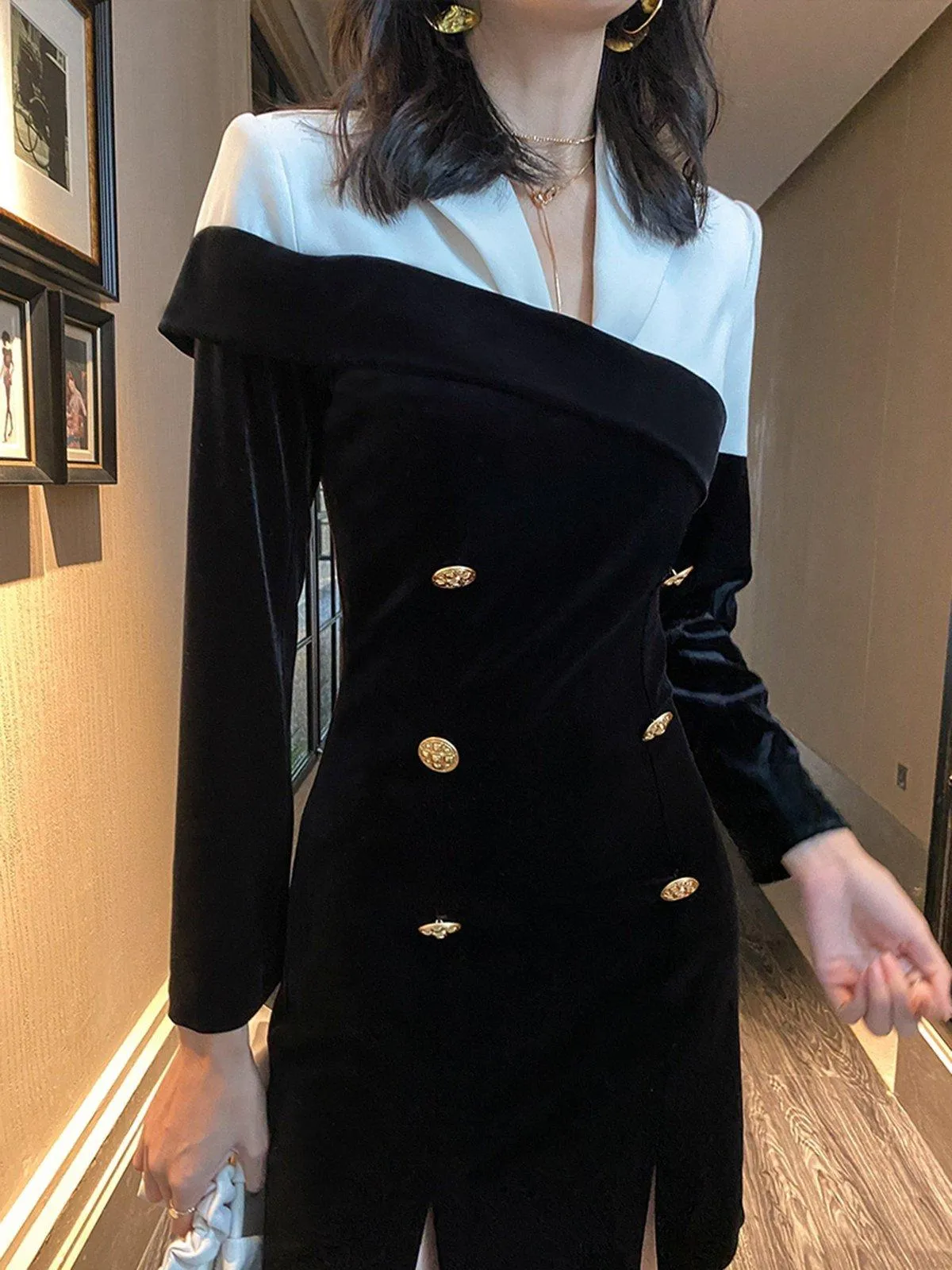 Colorblock Velvet Double Breasted Long Sleeve Blazer Dress