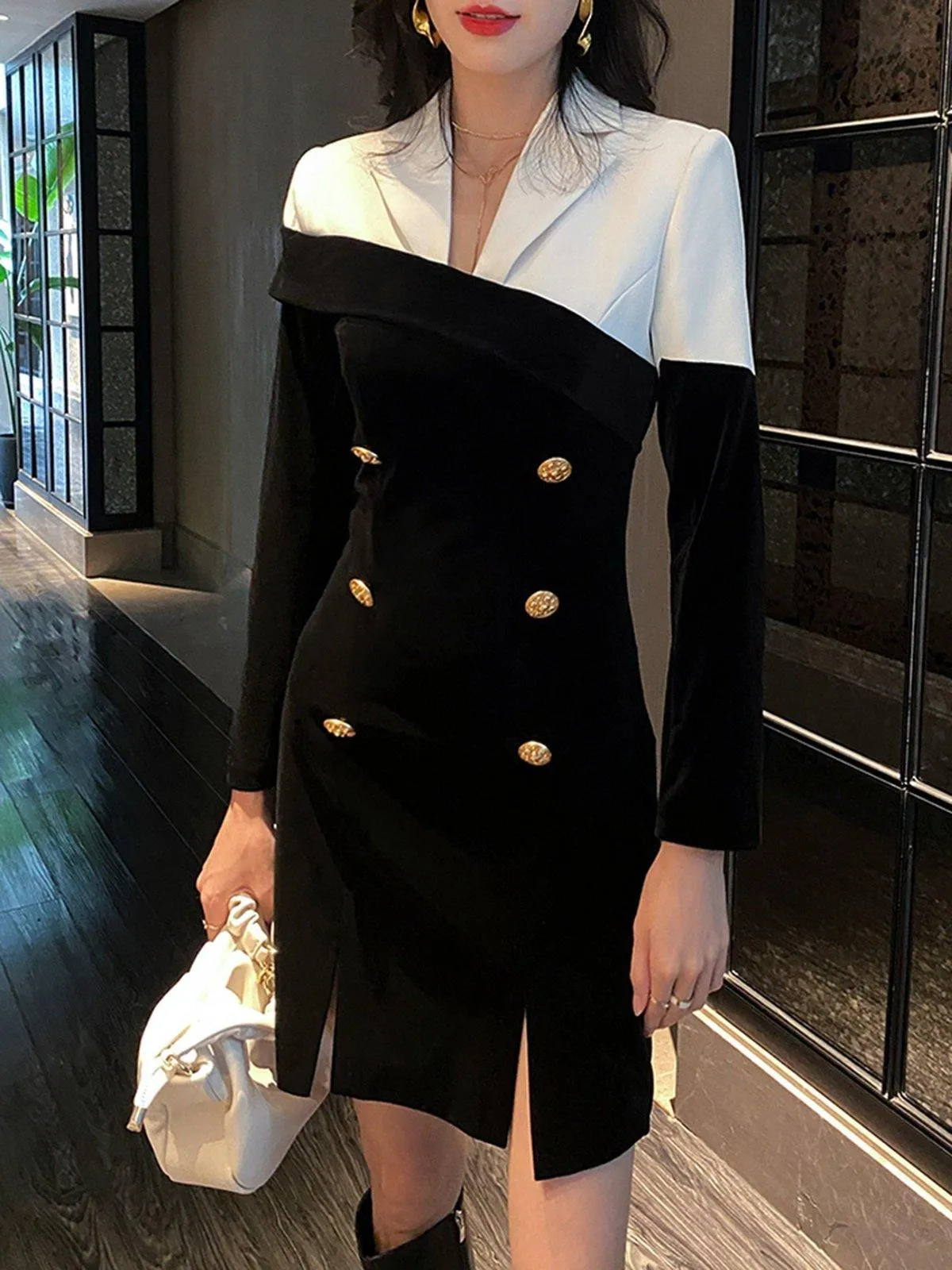 Colorblock Velvet Double Breasted Long Sleeve Blazer Dress