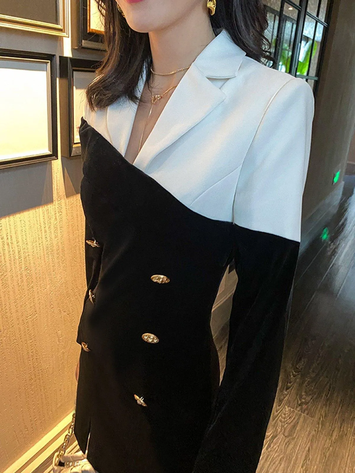 Colorblock Velvet Double Breasted Long Sleeve Blazer Dress