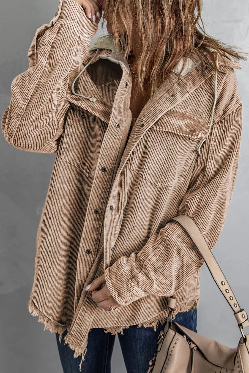 Corduroy Shacket Jacket Button Down Hooded Coat with Pockets