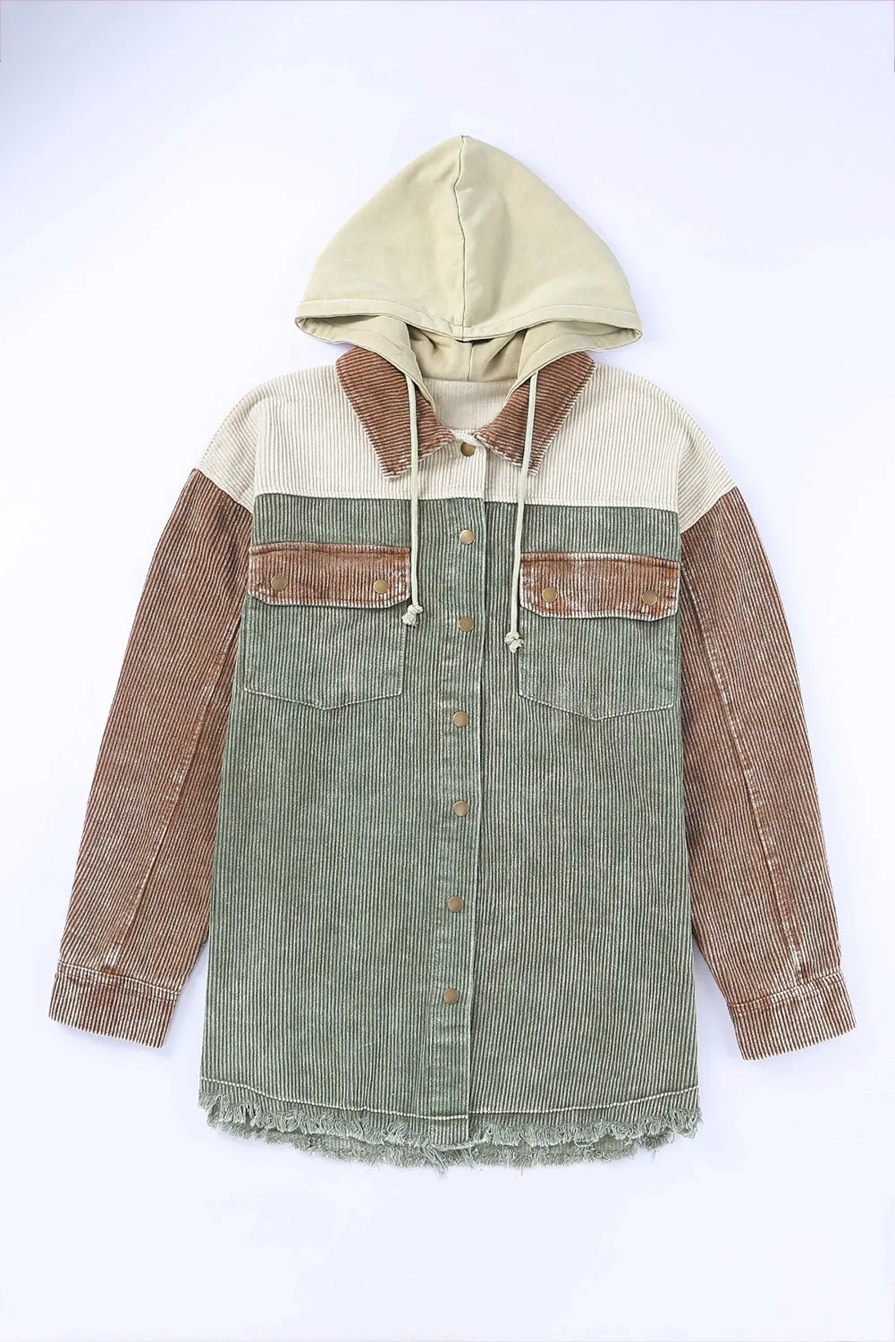 Corduroy Shacket Jacket Button Down Hooded Coat with Pockets