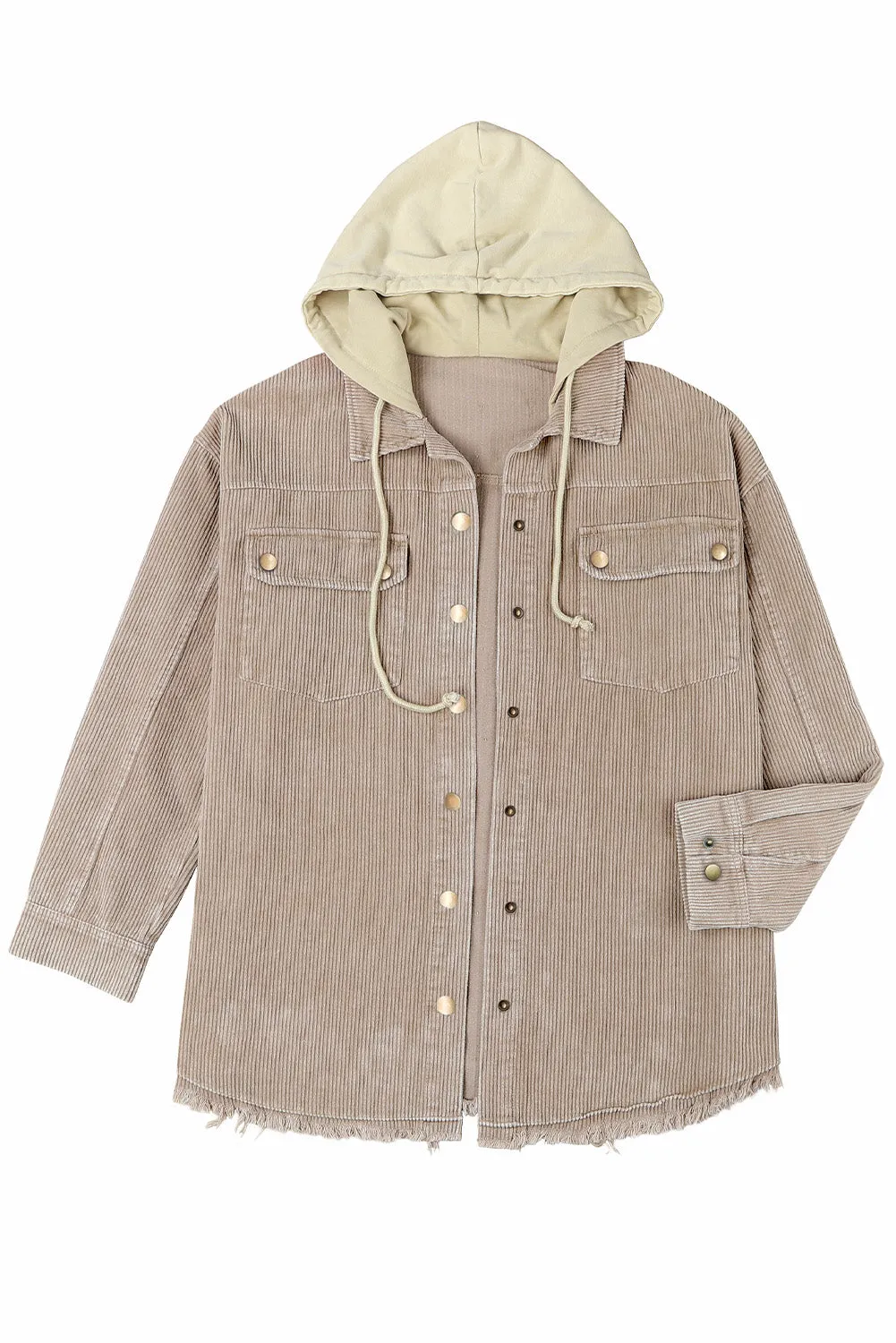 Corduroy Shacket Jacket Button Down Hooded Coat with Pockets