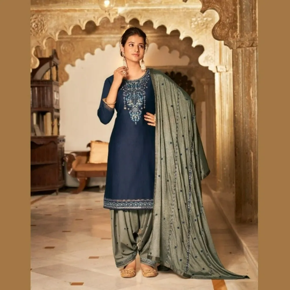 Cotton Silk Patiala Suit - Blue and Gray