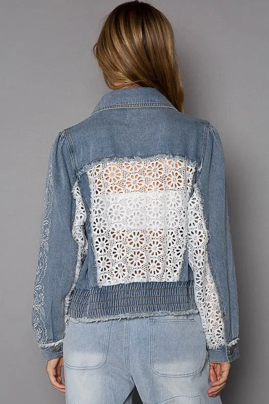 Crochet Patch Smoked Bottom Denim Jacket