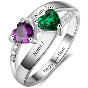 Custom 2 Heart Stones Name Ring  - 2 Engraved Names Mother's Ring