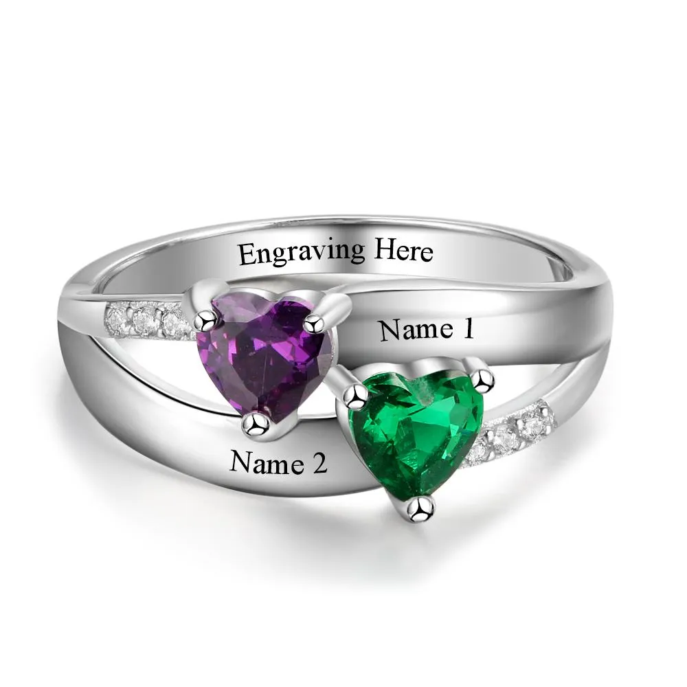 Custom 2 Heart Stones Name Ring  - 2 Engraved Names Mother's Ring