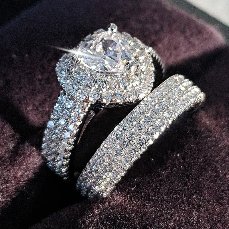 Dazzling Heart Zircon Sterling Silver Ring Set