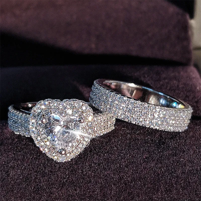 Dazzling Heart Zircon Sterling Silver Ring Set