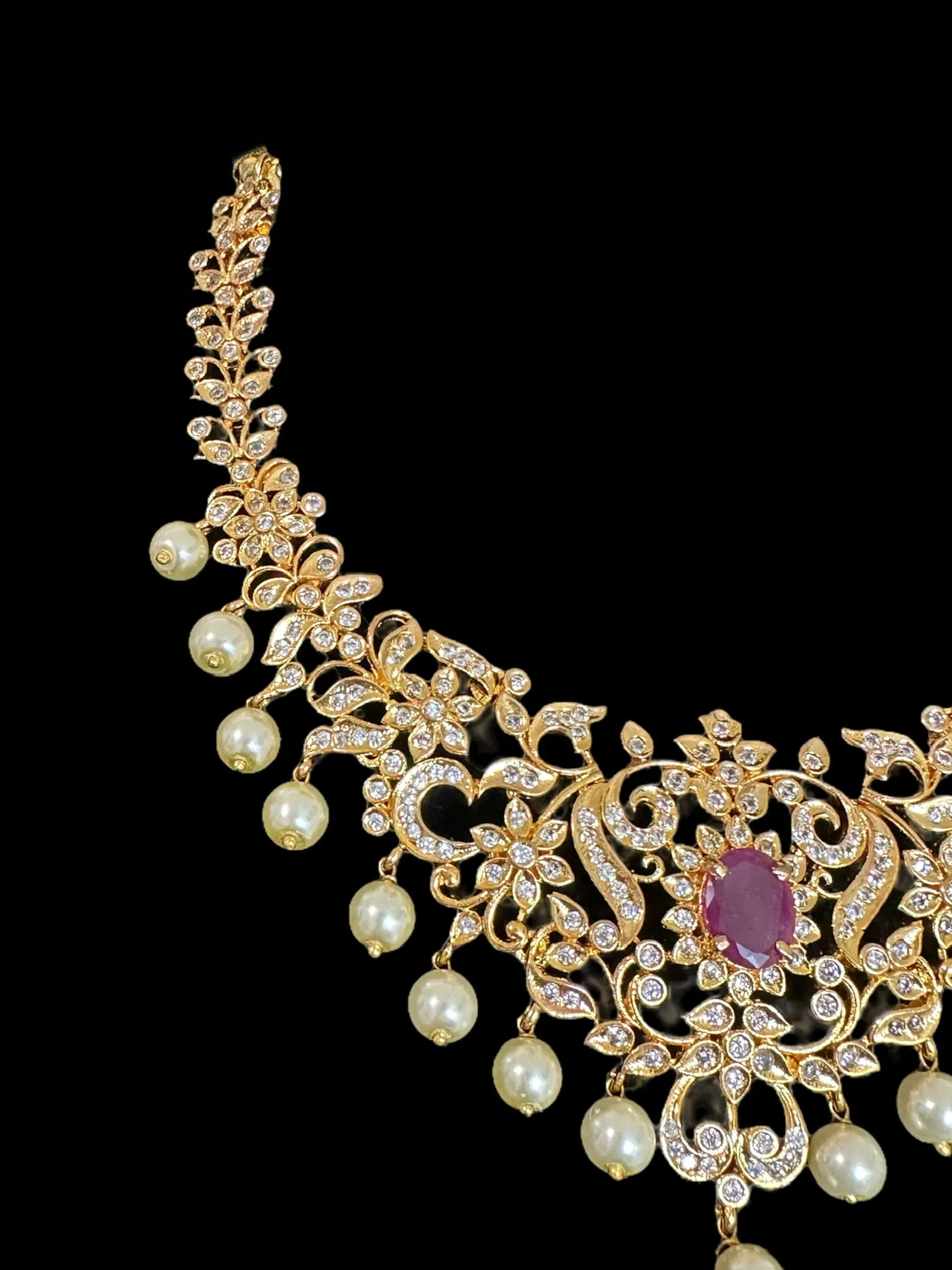 DNS107 Cz necklace set in ruby with golden pearls ( READY TO SHIP )