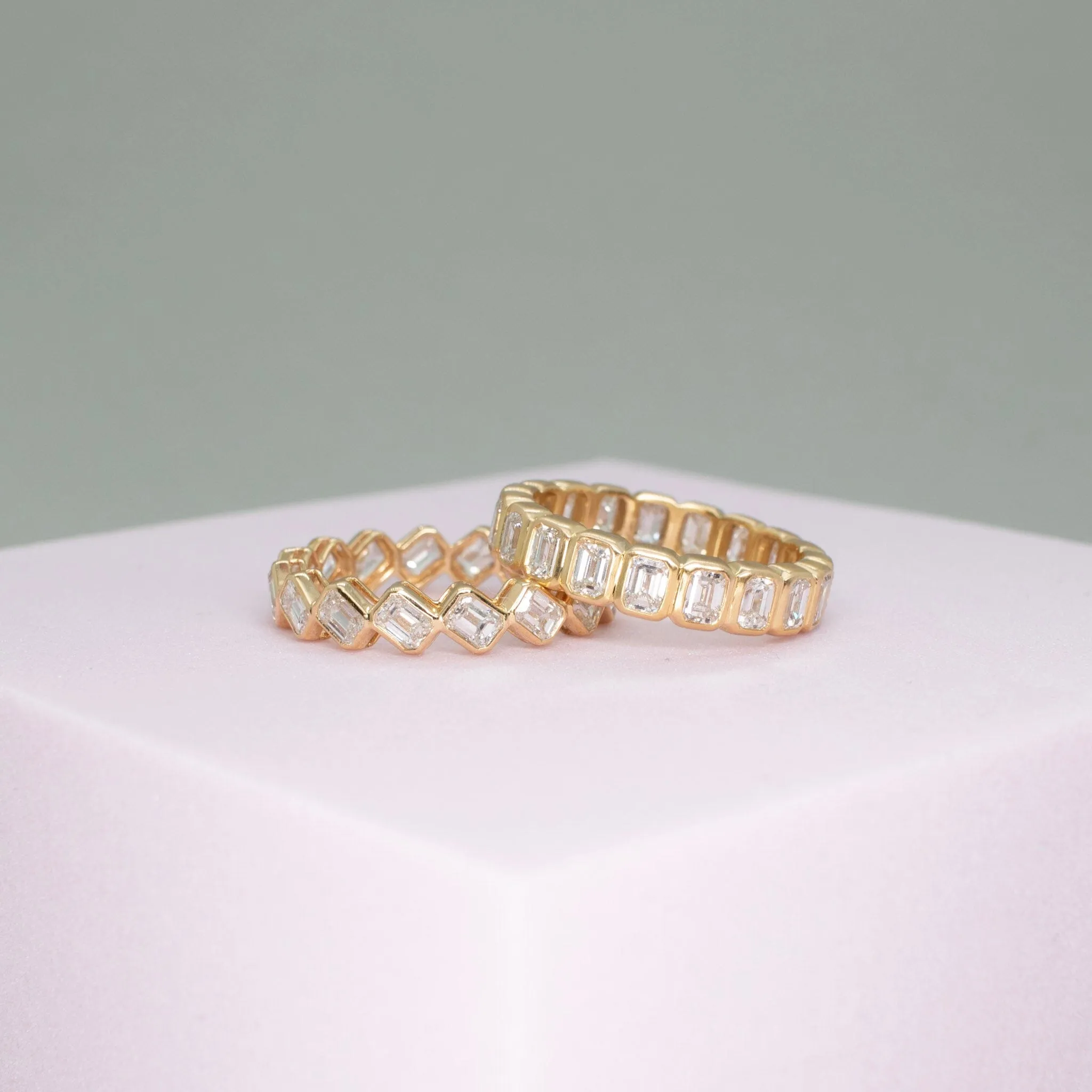 Emerald cut bezel set eternity band