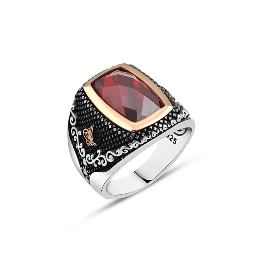 Facet Cut Red Zircon Stone Rectangular Pointed Silver Men's Ring Siding Tughra and Wavy Pattern