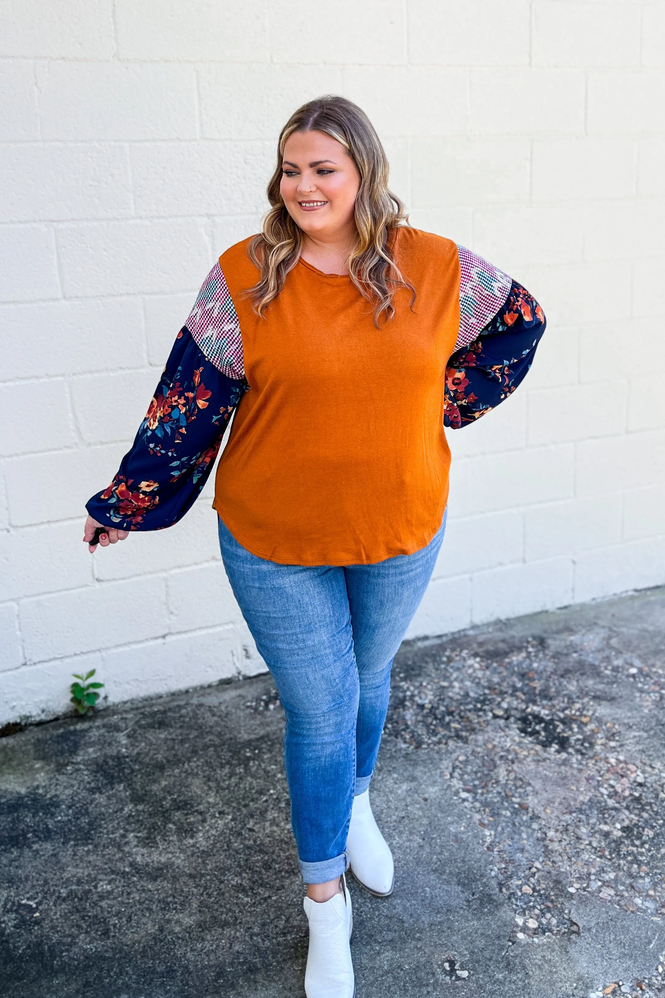 Fall Goals Mix Print Sleeve Top