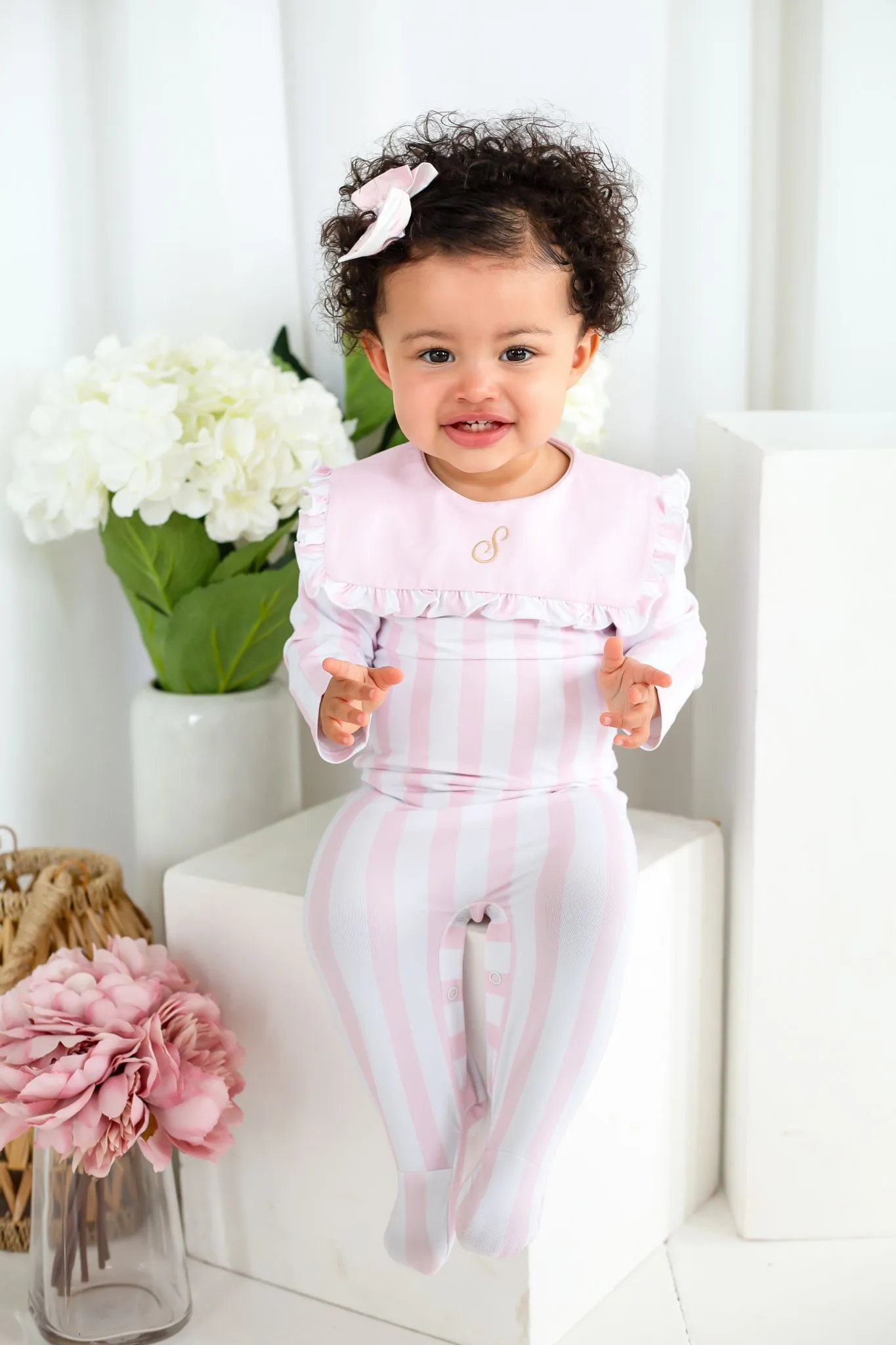 Girls Pink Stripe Sailor Collar Babygrow