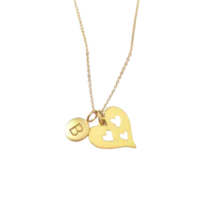 Gold Initial & 3 Heart Necklace