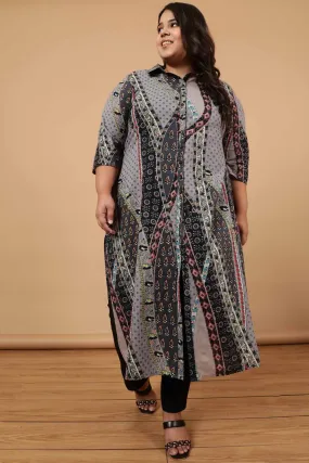 Grey Printed Cotton Kurta Shrug