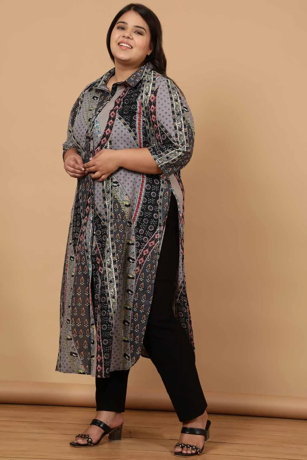 Grey Printed Cotton Kurta Shrug