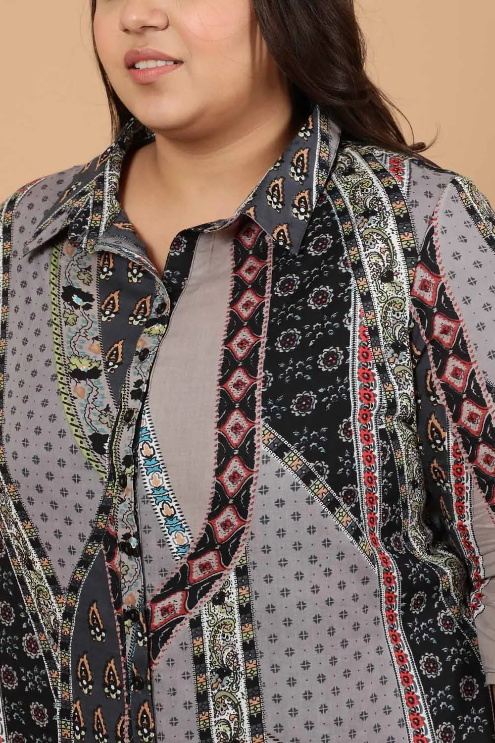 Grey Printed Cotton Kurta Shrug