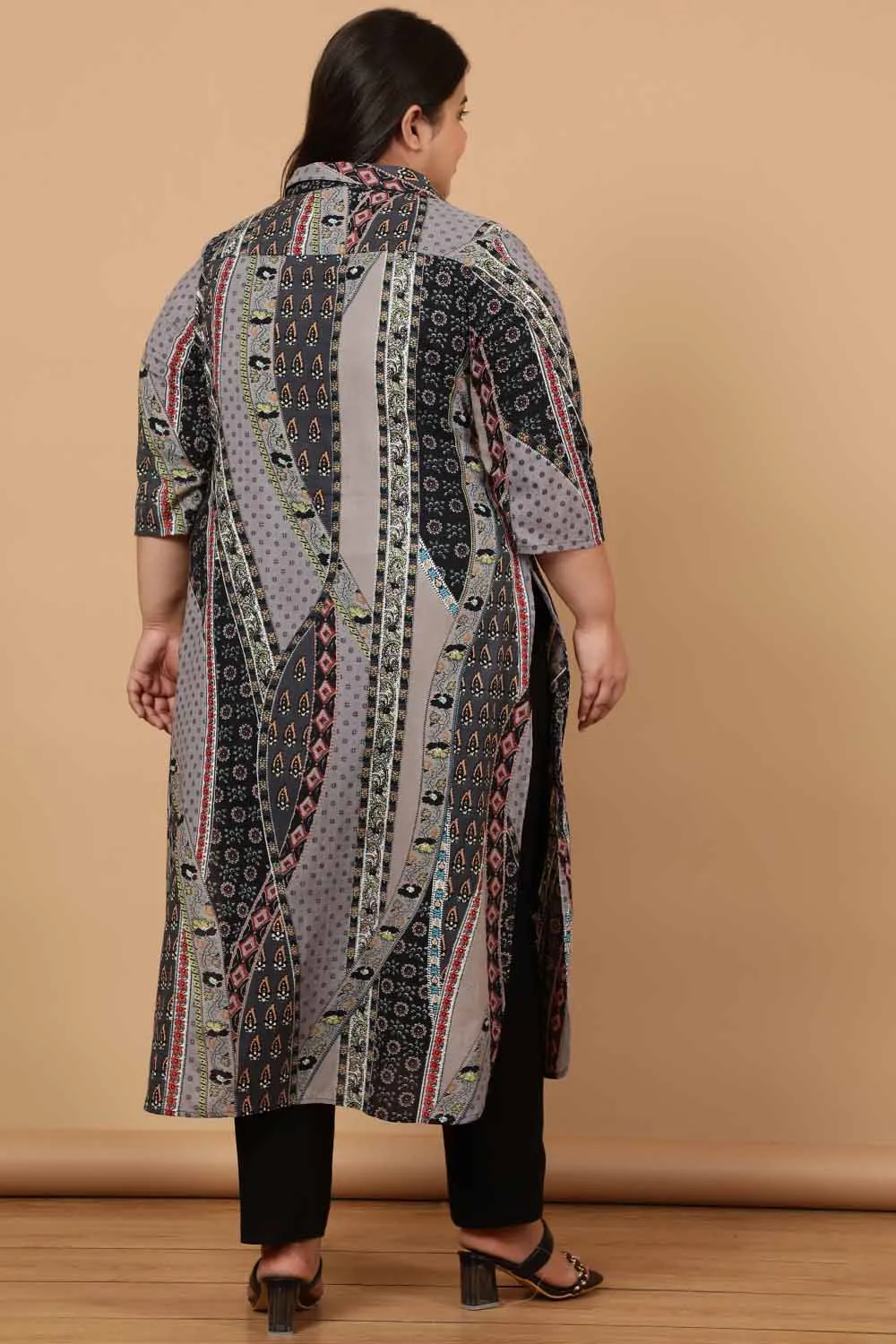 Grey Printed Cotton Kurta Shrug