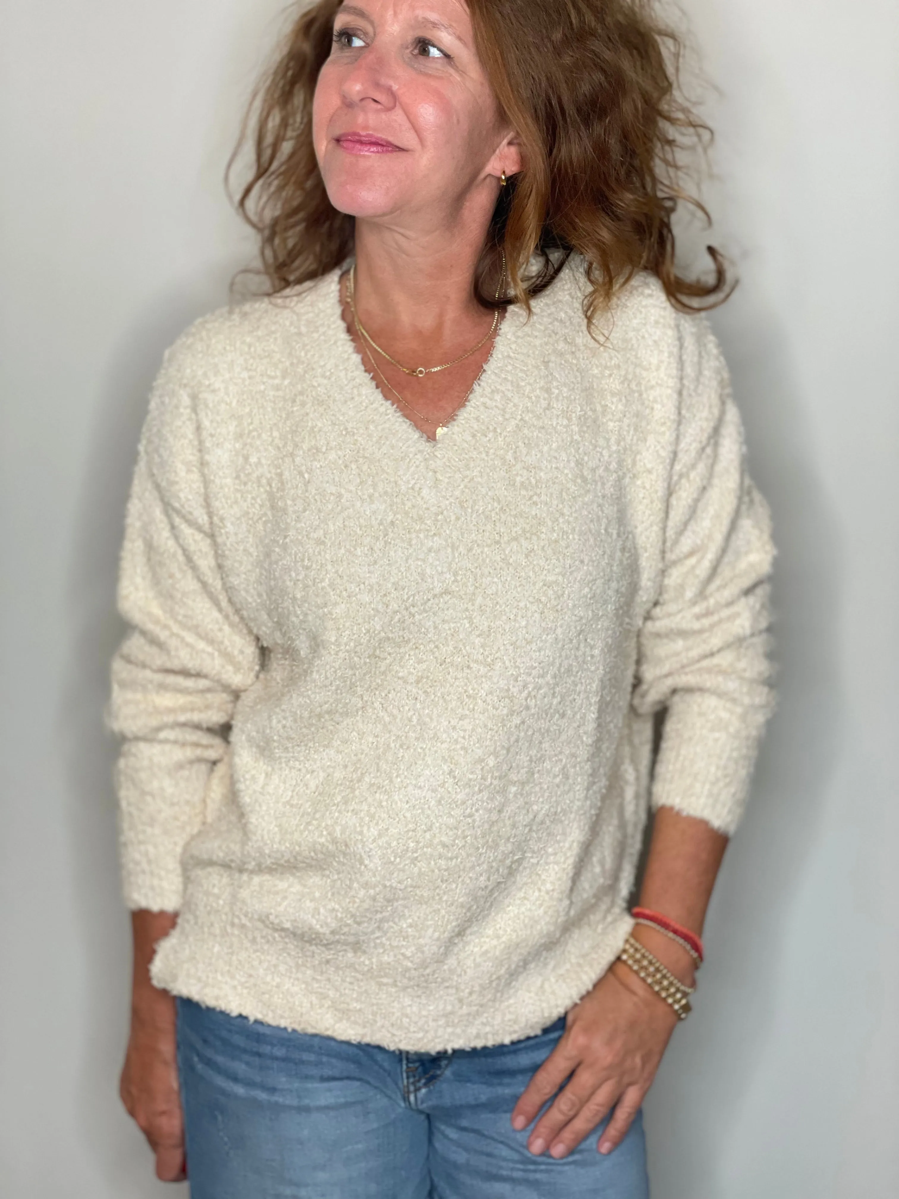 Hello Nite Plush V Neck Pullover in Angel Hair