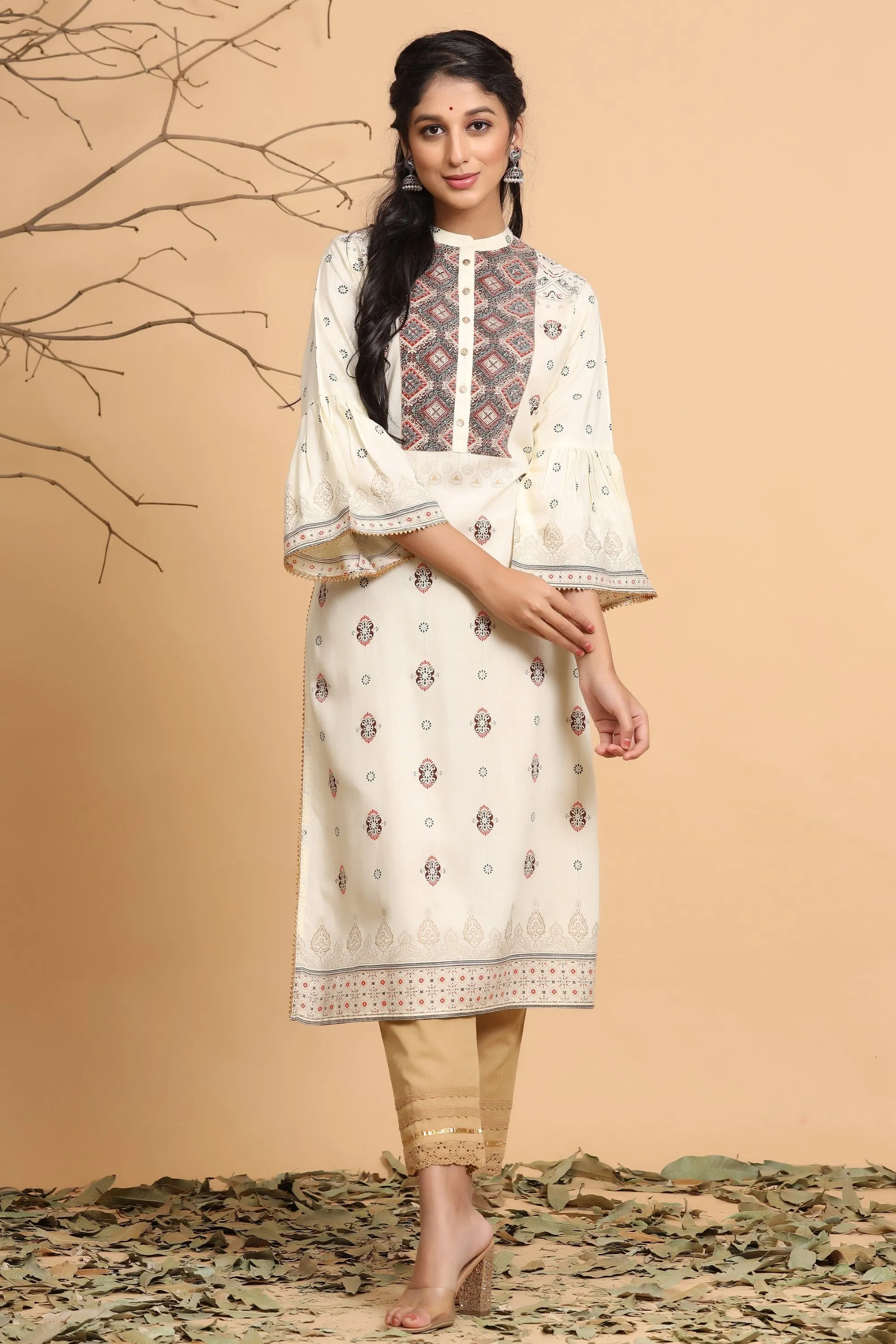 Juniper Ivory Ethnic Motif Printed Rayon Kurta With Dupatta Set