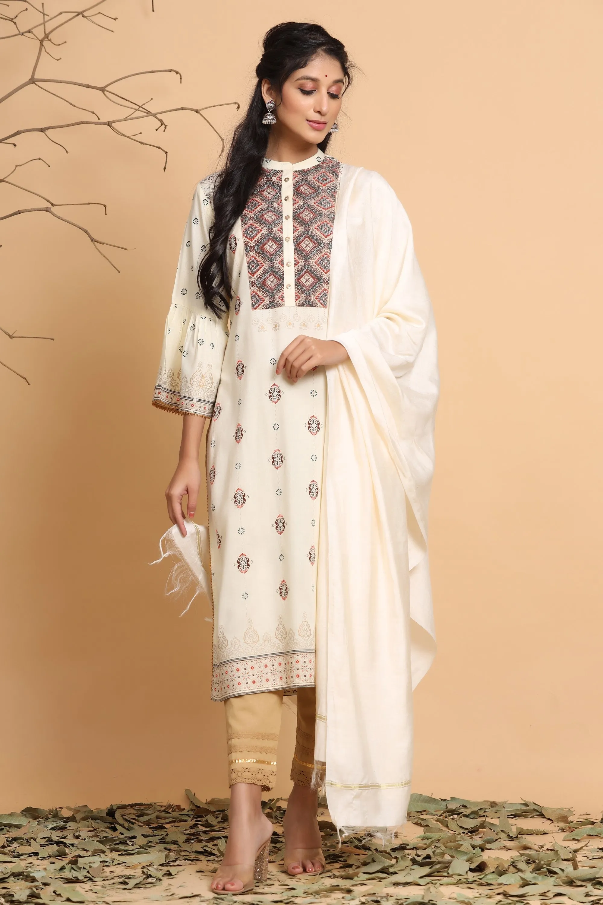 Juniper Ivory Ethnic Motif Printed Rayon Kurta With Dupatta Set