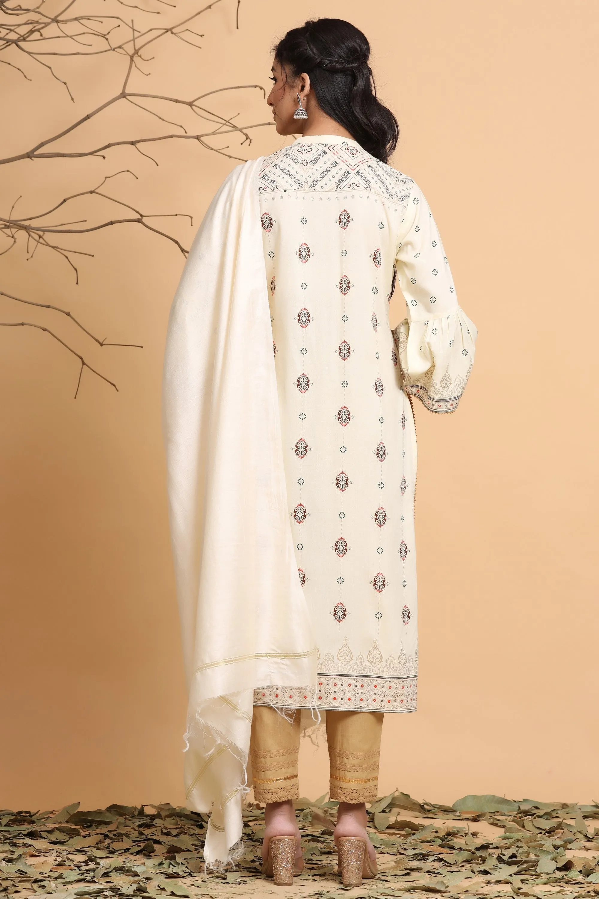 Juniper Ivory Ethnic Motif Printed Rayon Kurta With Dupatta Set