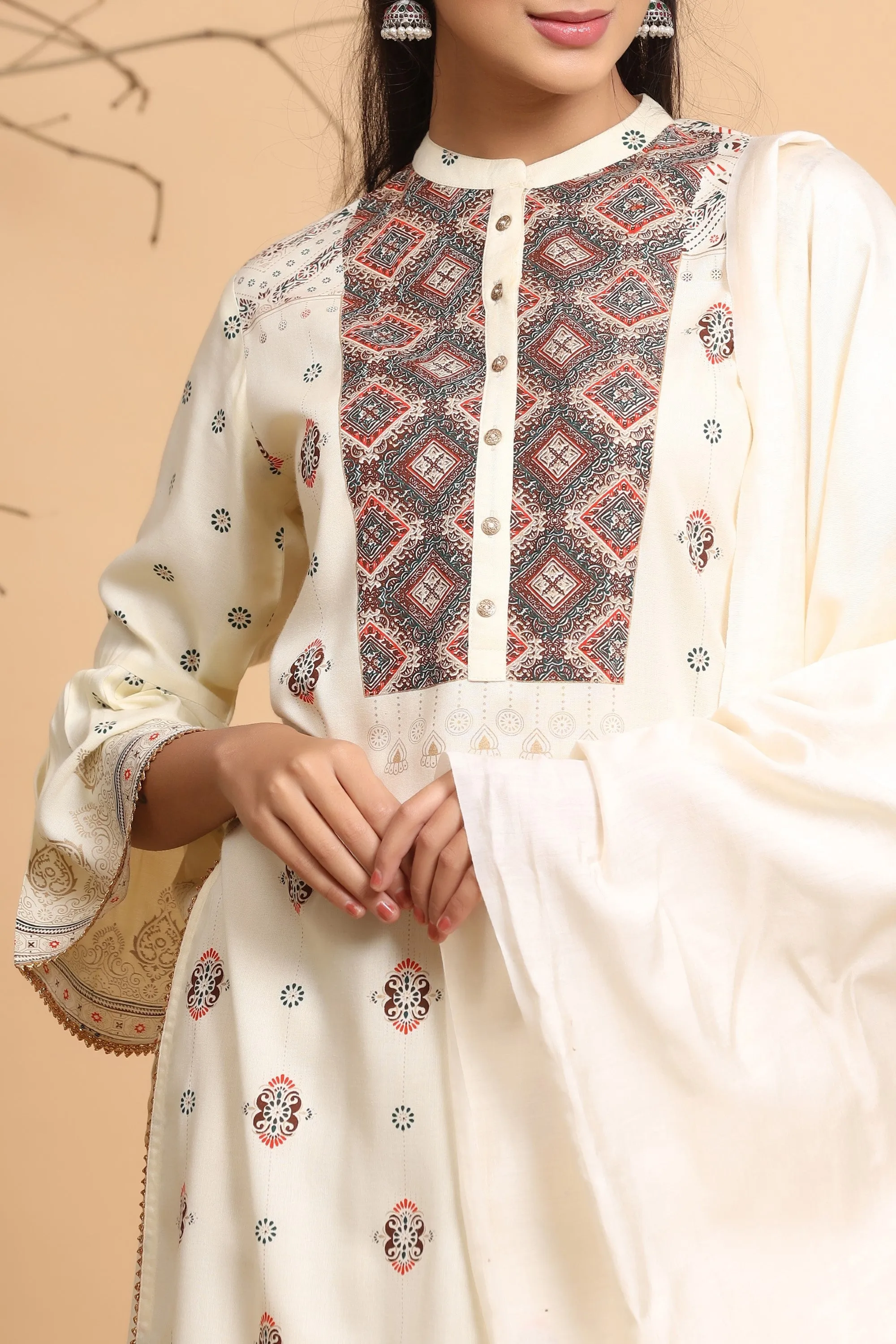 Juniper Ivory Ethnic Motif Printed Rayon Kurta With Dupatta Set