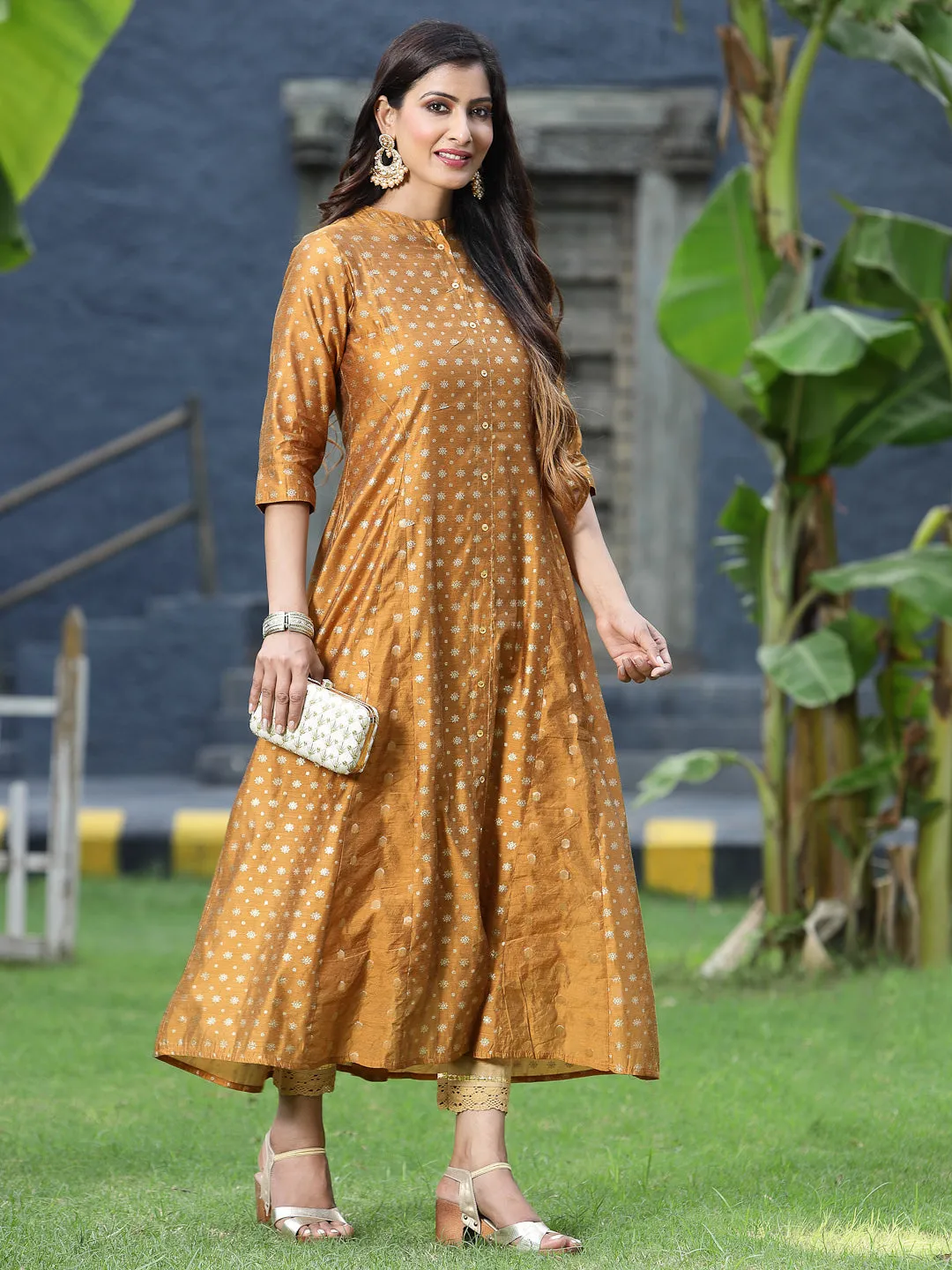 Juniper Mustard Polka Dot Printed Chanderi Kalidar Women Kurta