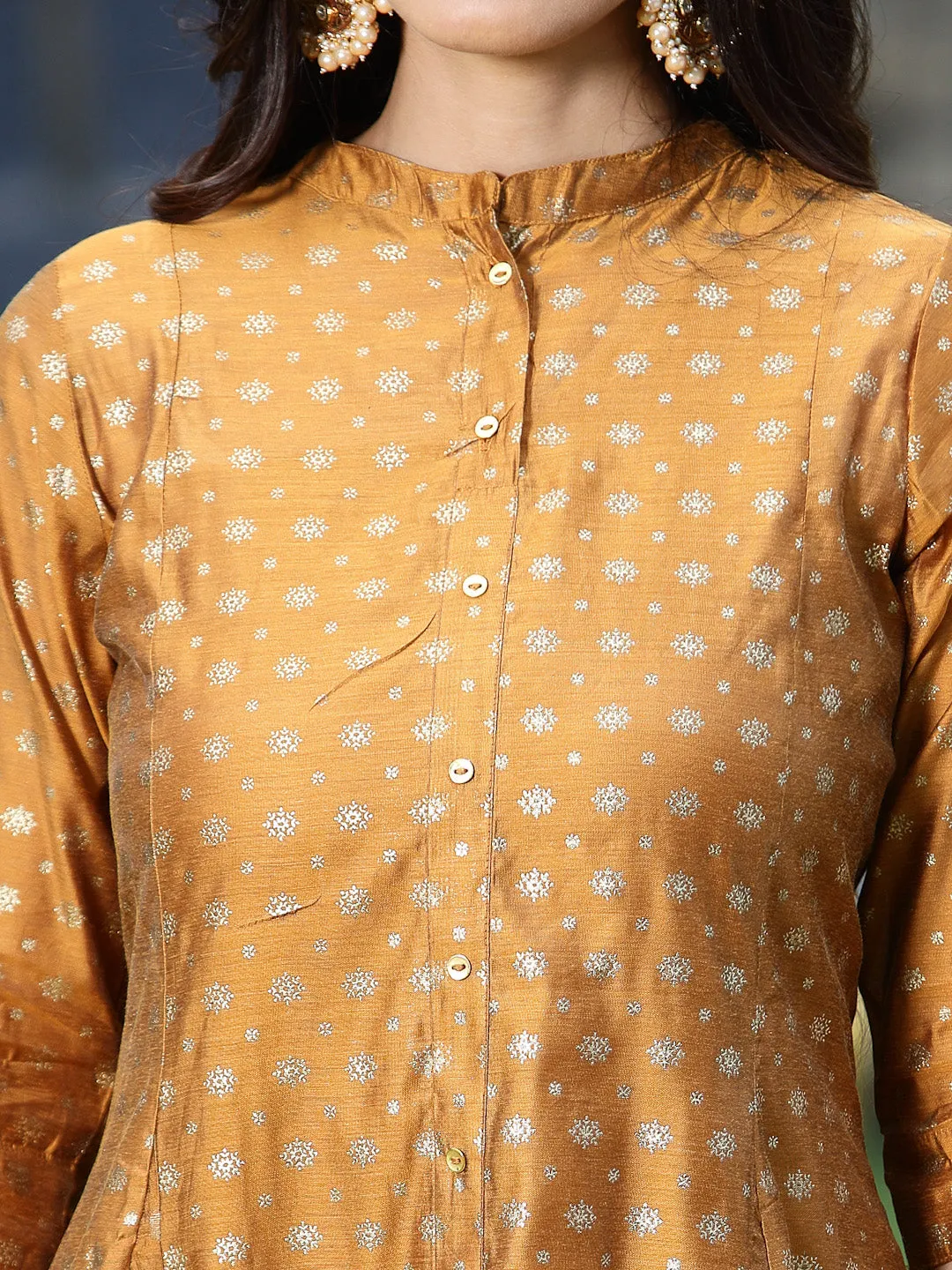 Juniper Mustard Polka Dot Printed Chanderi Kalidar Women Kurta