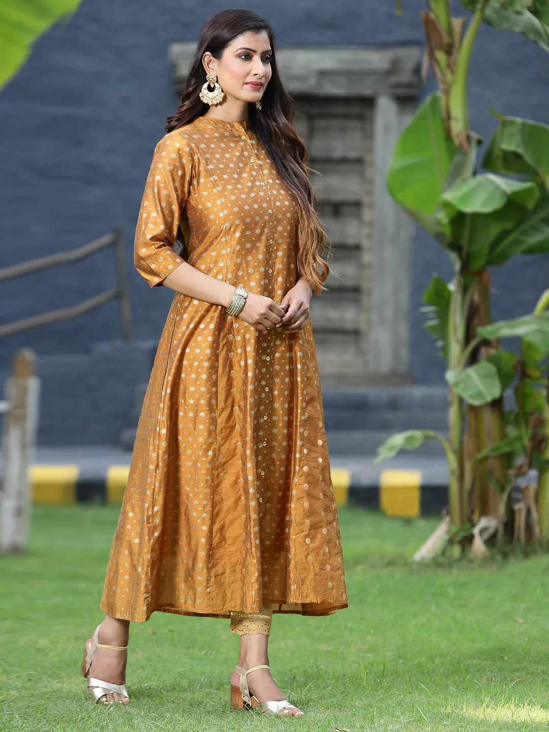 Juniper Mustard Polka Dot Printed Chanderi Kalidar Women Kurta