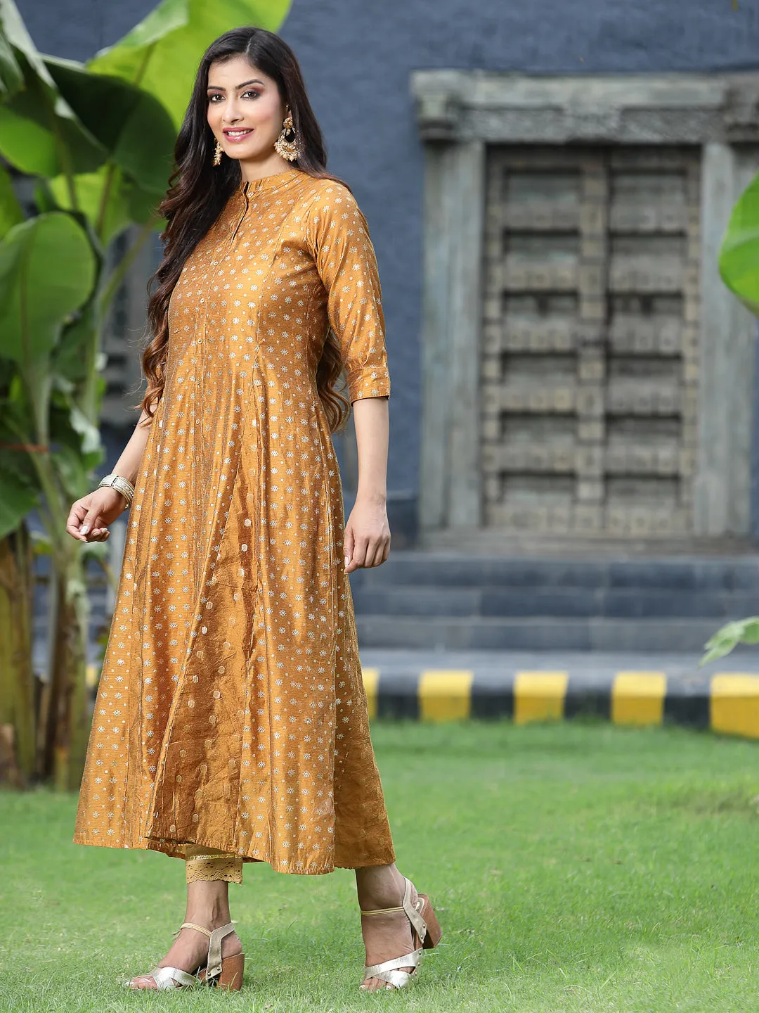 Juniper Mustard Polka Dot Printed Chanderi Kalidar Women Kurta