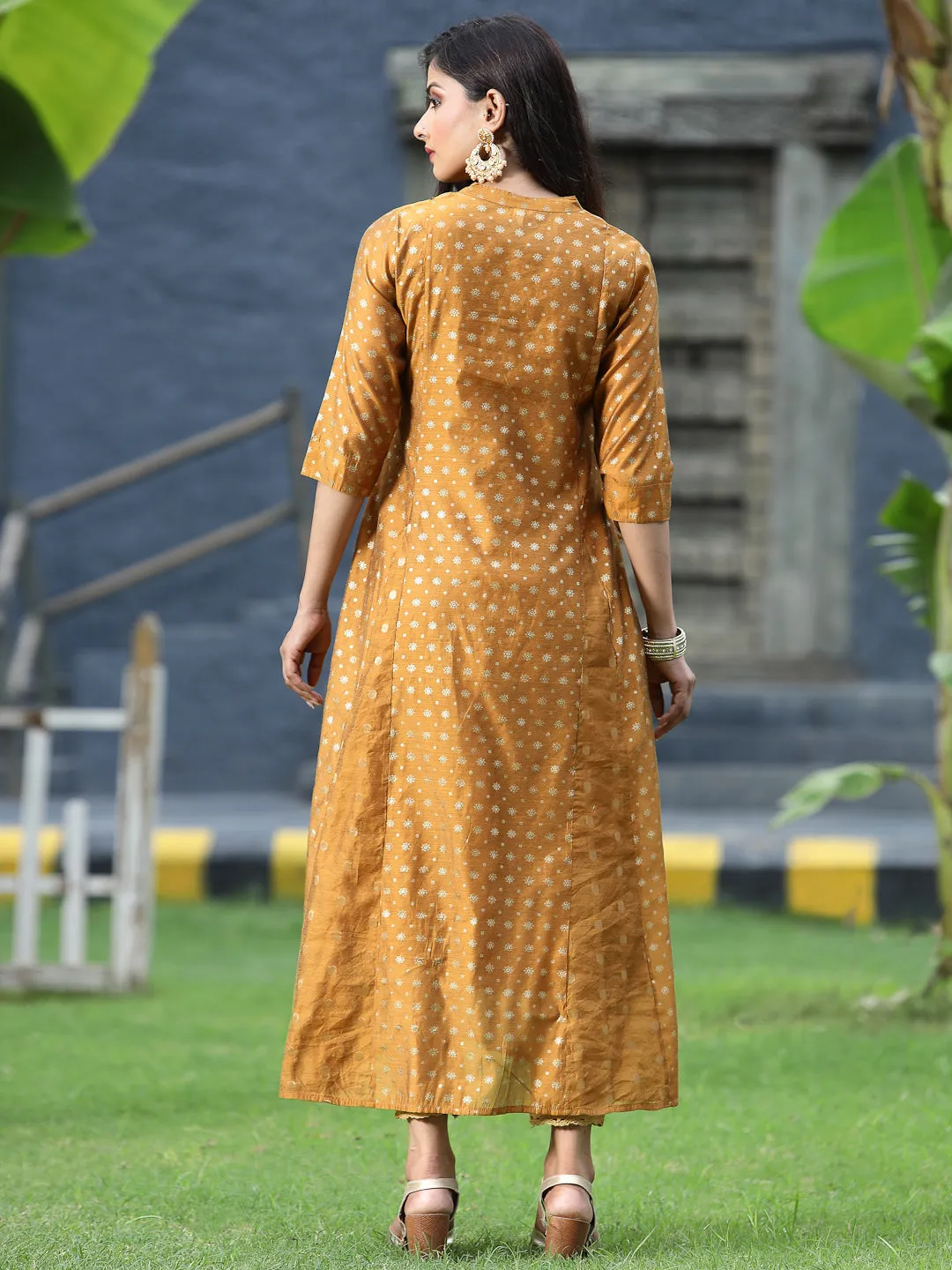 Juniper Mustard Polka Dot Printed Chanderi Kalidar Women Kurta