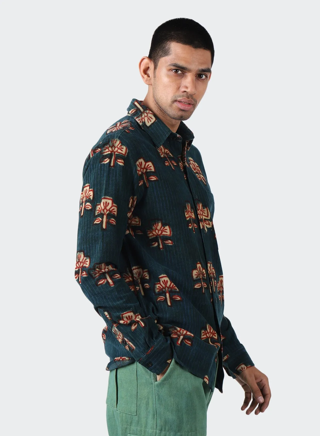 KARDO DESIGN Ryan Block Printed Cord Long Sleeve Shirt - BP101 INDIGO BLUE